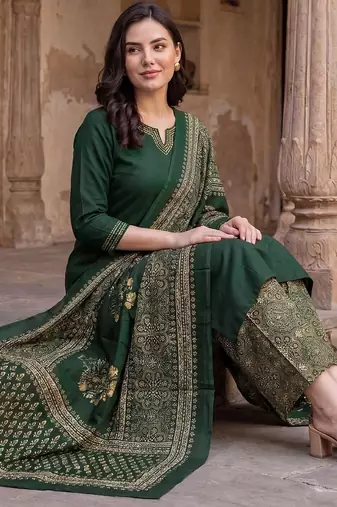 women ethnic motifs regular cotton kurta with palazzos & with dupatta