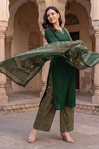 women ethnic motifs regular cotton kurta with palazzos & with dupatta