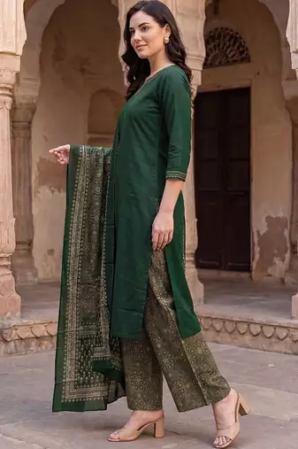 women ethnic motifs regular cotton kurta with palazzos & with dupatta