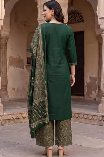 women ethnic motifs regular cotton kurta with palazzos & with dupatta