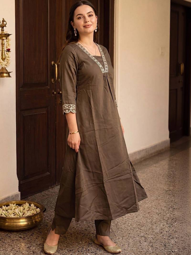 women ethnic motifs embroidered regular thread work kurta with trousers