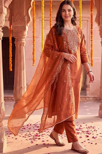 women ethnic motifs embroidered regular thread work liva kurta with trousers & with dupatta
