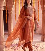 women ethnic motifs embroidered regular thread work liva kurta with trousers & with dupatta