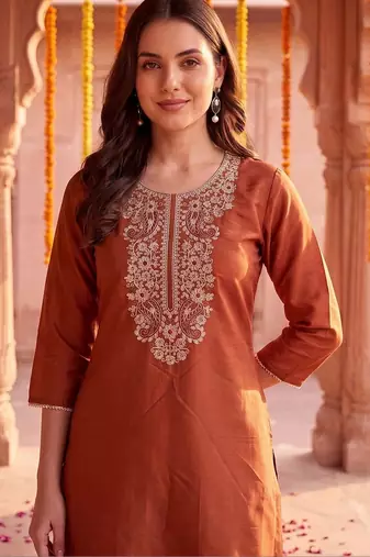 women ethnic motifs embroidered regular thread work liva kurta with trousers & with dupatta