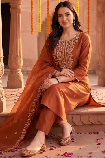 women ethnic motifs embroidered regular thread work liva kurta with trousers & with dupatta
