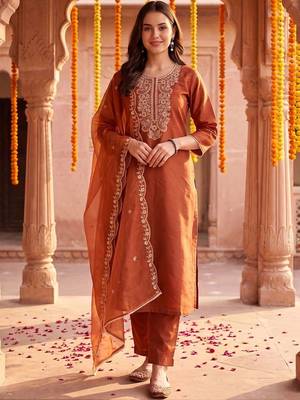 women ethnic motifs embroidered regular thread work liva kurta with trousers & with dupatta 6