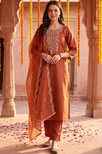 women ethnic motifs embroidered regular thread work liva kurta with trousers & with dupatta