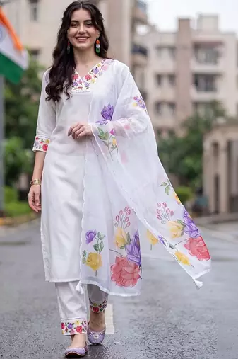 floral embroidered regular thread work liva kurta with trousers & with dupatta