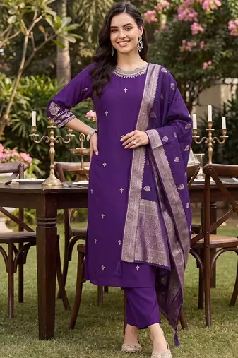women ethnic motifs embroidered regular kurta with trousers & with dupatta