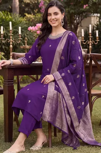 women ethnic motifs embroidered regular kurta with trousers & with dupatta