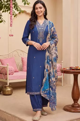 women ethnic motifs embroidered regular thread work kurta with patiala & with dupatta
