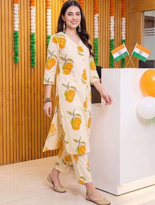 women printed regular cotton kurta with trousers 1