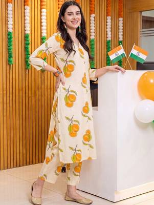 women printed regular cotton kurta with trousers 3