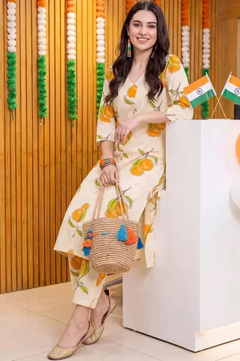 women printed regular cotton kurta with trousers