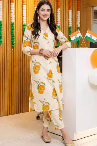 women printed regular cotton kurta with trousers