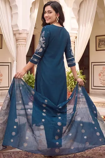 women ethnic motifs embroidered regular thread work kurta with trousers & with dupatta