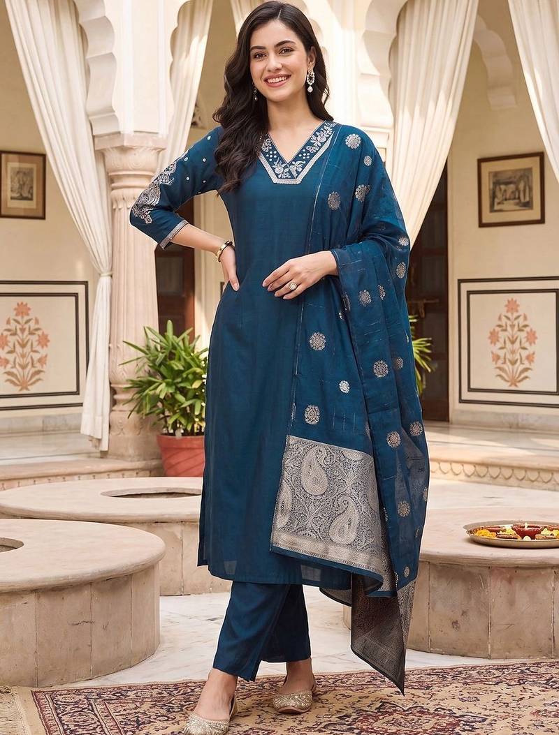 women ethnic motifs embroidered regular thread work kurta with trousers & with dupatta