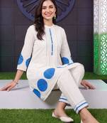 women printed regular thread work cotton kurta with trousers