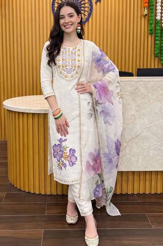 women floral embroidered regular thread work cotton kurta with trousers & with dupatta