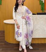 women floral embroidered regular thread work cotton kurta with trousers & with dupatta