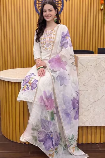 women floral embroidered regular thread work cotton kurta with trousers & with dupatta
