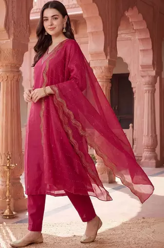 women ethnic motifs embroidered regular kurta with trousers & with dupatta