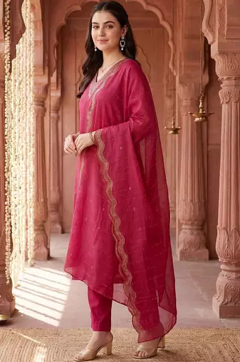 women ethnic motifs embroidered regular kurta with trousers & with dupatta