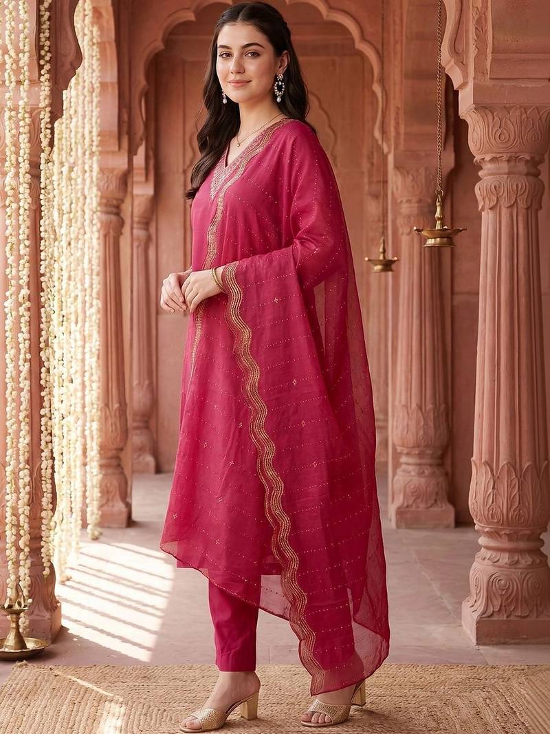 women ethnic motifs embroidered regular kurta with trousers & with dupatta