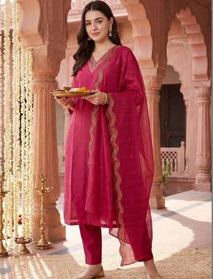 women ethnic motifs embroidered regular kurta with trousers & with dupatta 6
