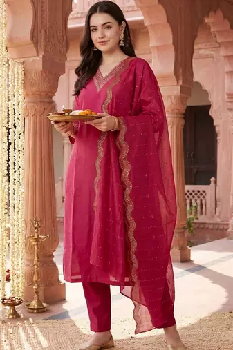 women ethnic motifs embroidered regular kurta with trousers & with dupatta