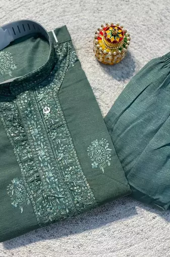 Green soft heavy silk sequins embroidered kurta pajama