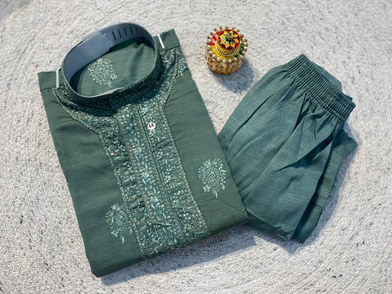 Green soft heavy silk sequins embroidered kurta pajama