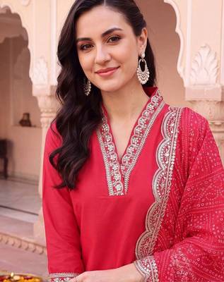 women regular thread work kurta with trousers & with dupatta 2