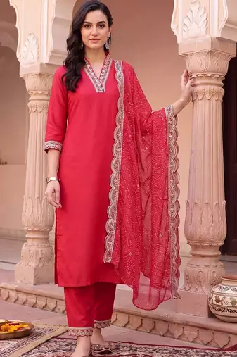 women regular thread work kurta with trousers & with dupatta
