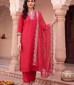 women regular thread work kurta with trousers & with dupatta