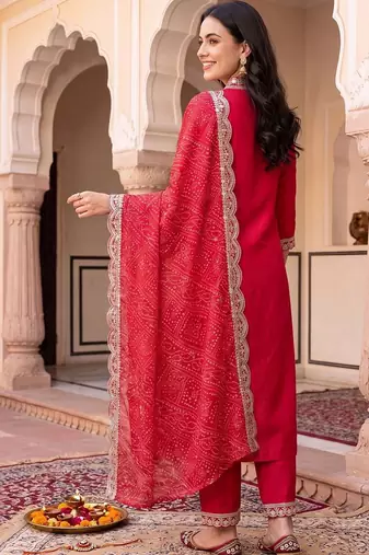 women regular thread work kurta with trousers & with dupatta
