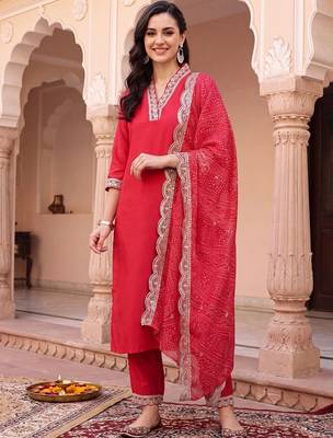 women regular thread work kurta with trousers & with dupatta 6