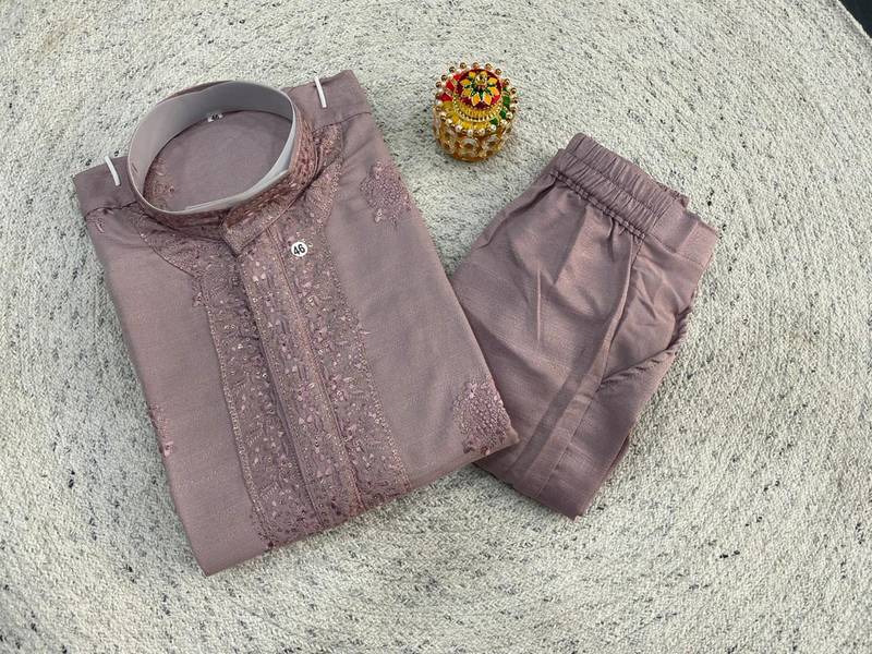 Peach soft heavy silk sequins embroidered kurta pajama