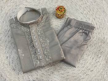 Olive soft heavy silk sequins embroidered kurta pajama 2