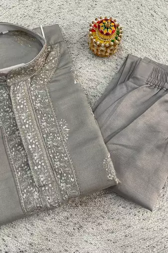 Olive soft heavy silk sequins embroidered kurta pajama