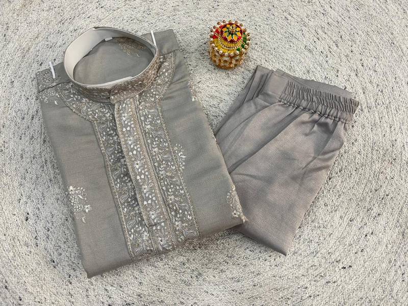 Olive soft heavy silk sequins embroidered kurta pajama