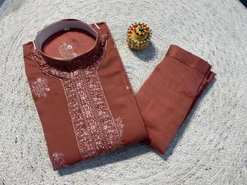 Rust soft heavy silk sequins embroidered kurta pajama 2
