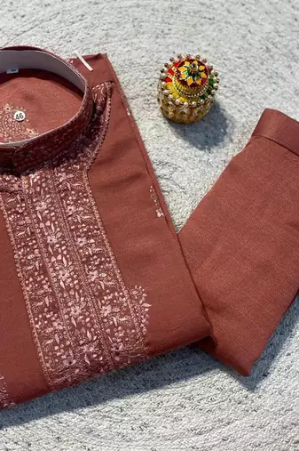 Rust soft heavy silk sequins embroidered kurta pajama
