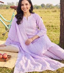 women ethnic motifs embroidered regular thread work cotton kurta with trousers & with dupatta
