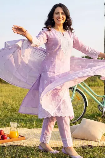 women ethnic motifs embroidered regular thread work cotton kurta with trousers & with dupatta