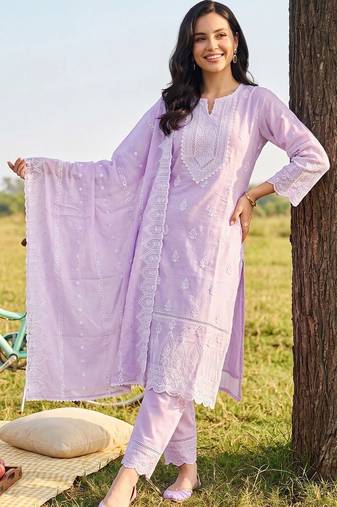 women ethnic motifs embroidered regular thread work cotton kurta with trousers & with dupatta