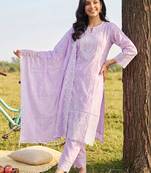 women ethnic motifs embroidered regular thread work cotton kurta with trousers & with dupatta
