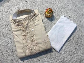 Cream soft heavy silk sequins embroidered kurta pajama 2