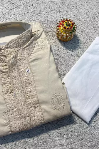 Cream soft heavy silk sequins embroidered kurta pajama