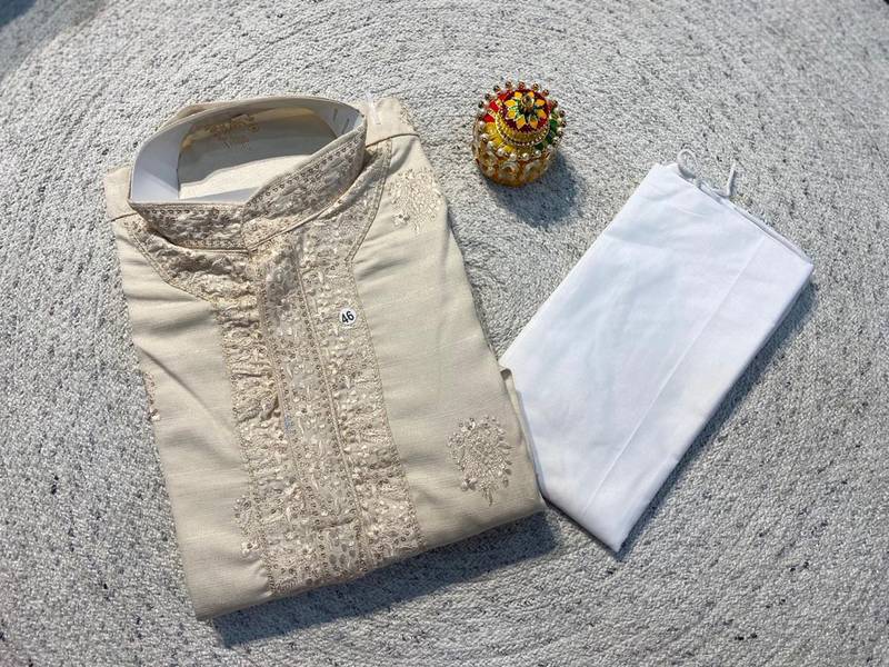 Cream soft heavy silk sequins embroidered kurta pajama